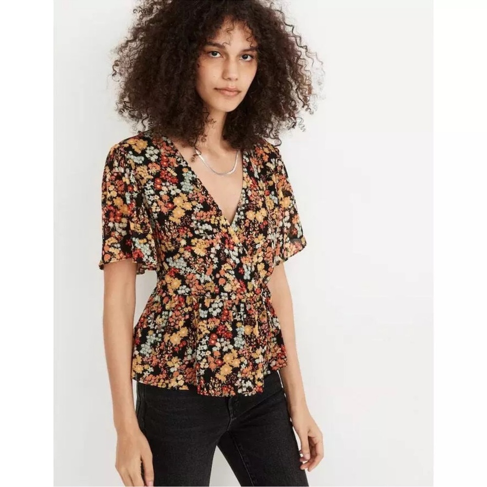 Madewell Short Sleeve Peplum Wrap Top Flower Garden Black Yellow Orange XS